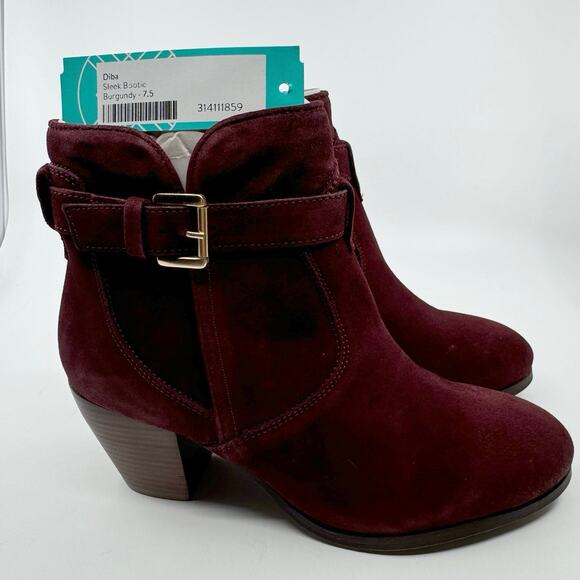 Diba Sleek Buckle Ankle Bootie Side Zipper Block Heel Burgundy Womens Size US7.5 - Picture 8 of 9